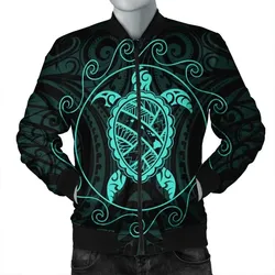 FamilyGaterJacket - Hawaiian Map Turtle Wave Polynesian Bomber Jacket Turquoise - AH - J4R