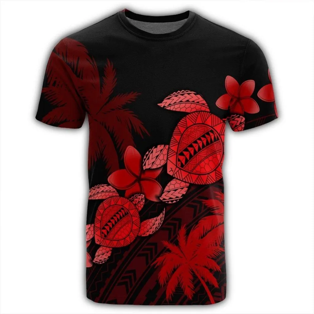 Hawaii Turtle Plumeria Coconut Tree Polynesian T-Shirt - Red - AH