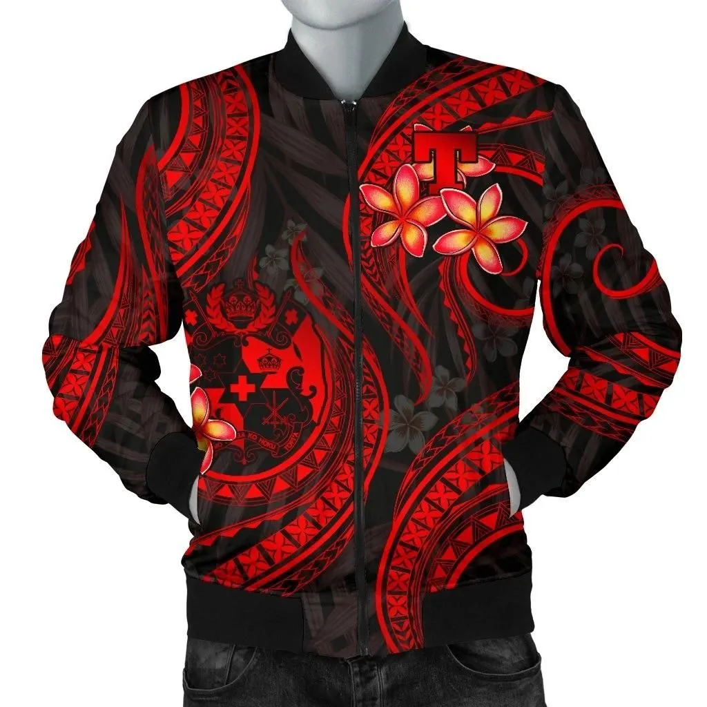 Tonga Polynesian Men Bomber Jacket - Red Plumeria - BN11