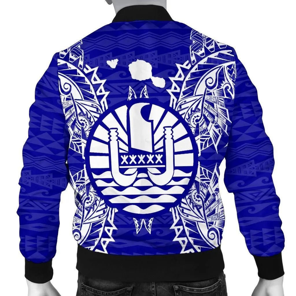 French Polynesia Polynesian Mens Bomber Jacket Map Blue
