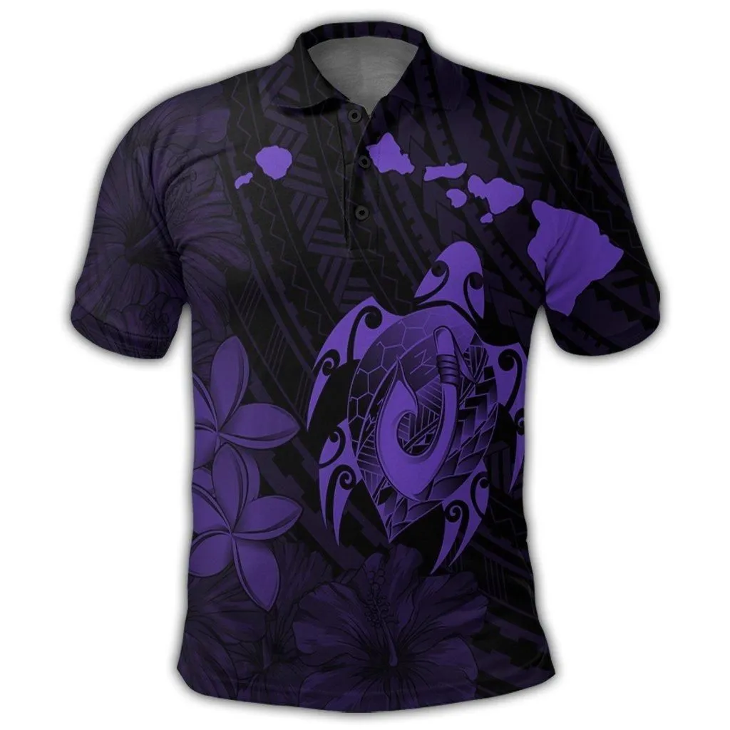 Hawaiian Map Turtle Plumeria Hibiscus Fish Hook Polynesian Polo Shirt Purple