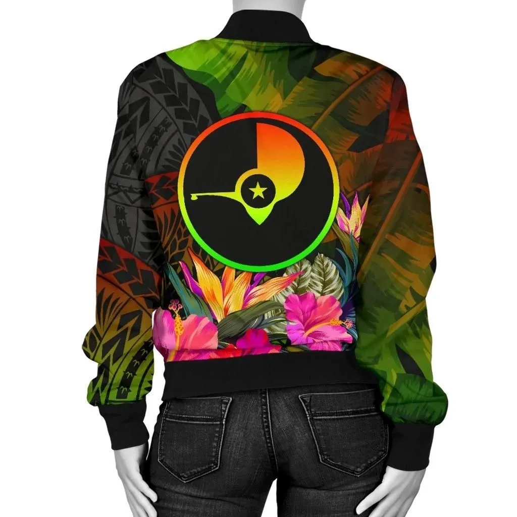 YAP Polynesian Personalised Women's Bomber Jacket -  Hibiscus and Banana Leaves - BN15