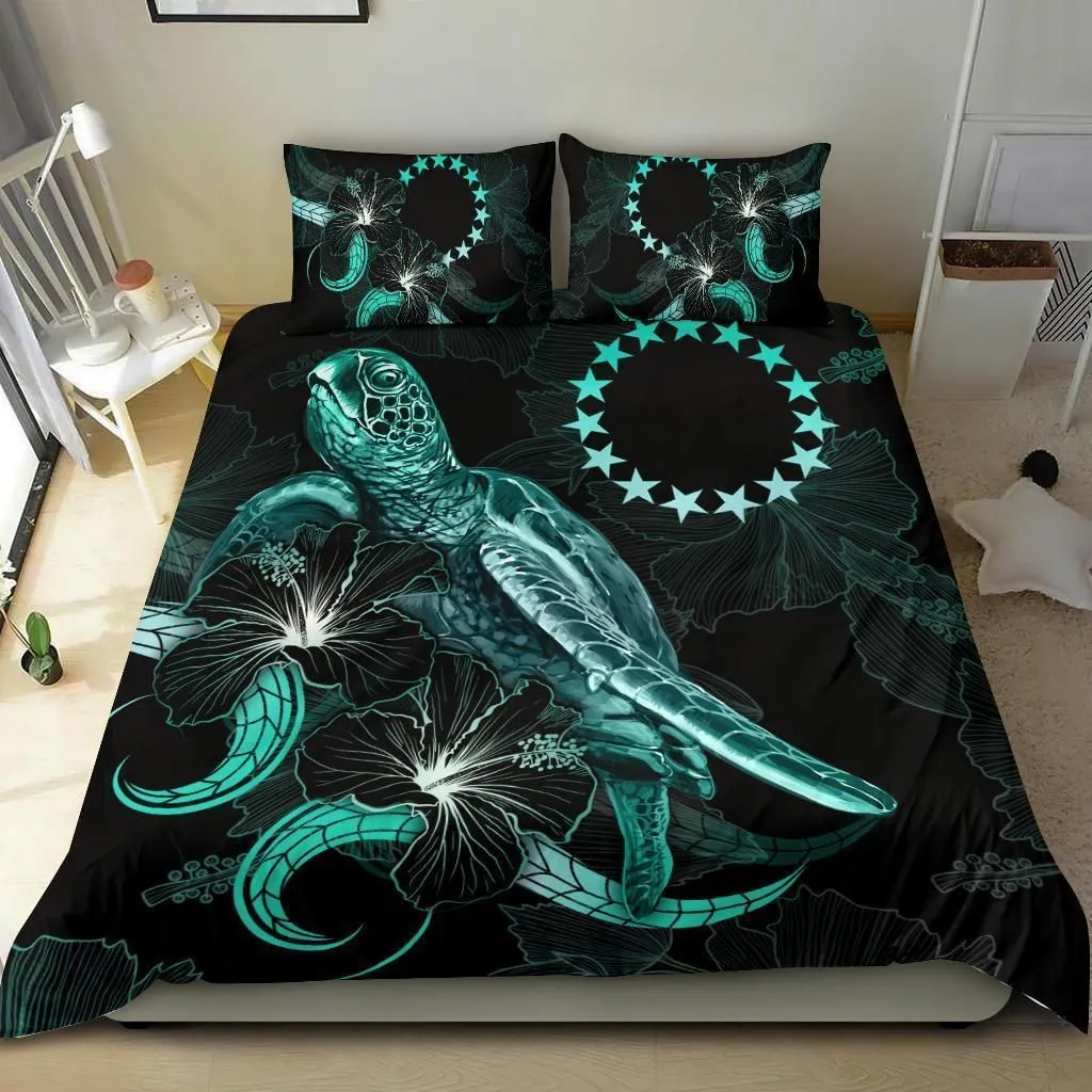 Cook Islands Polynesian Bedding Set - Turtle With Blooming Hibiscus Turquoise