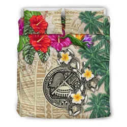 Alohawaii Bedding Set - Cover and Pillow Cases American Samoa - Hibiscus Turtle Tattoo Beige A02
