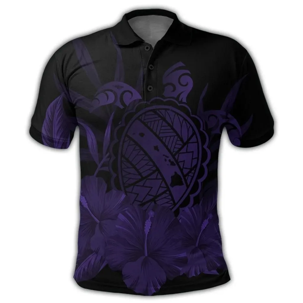 Alohawaii Shirt - Hawaiian Map Turtle Hibiscus Polynesian Polo Shirt - Purple - AH - J4R