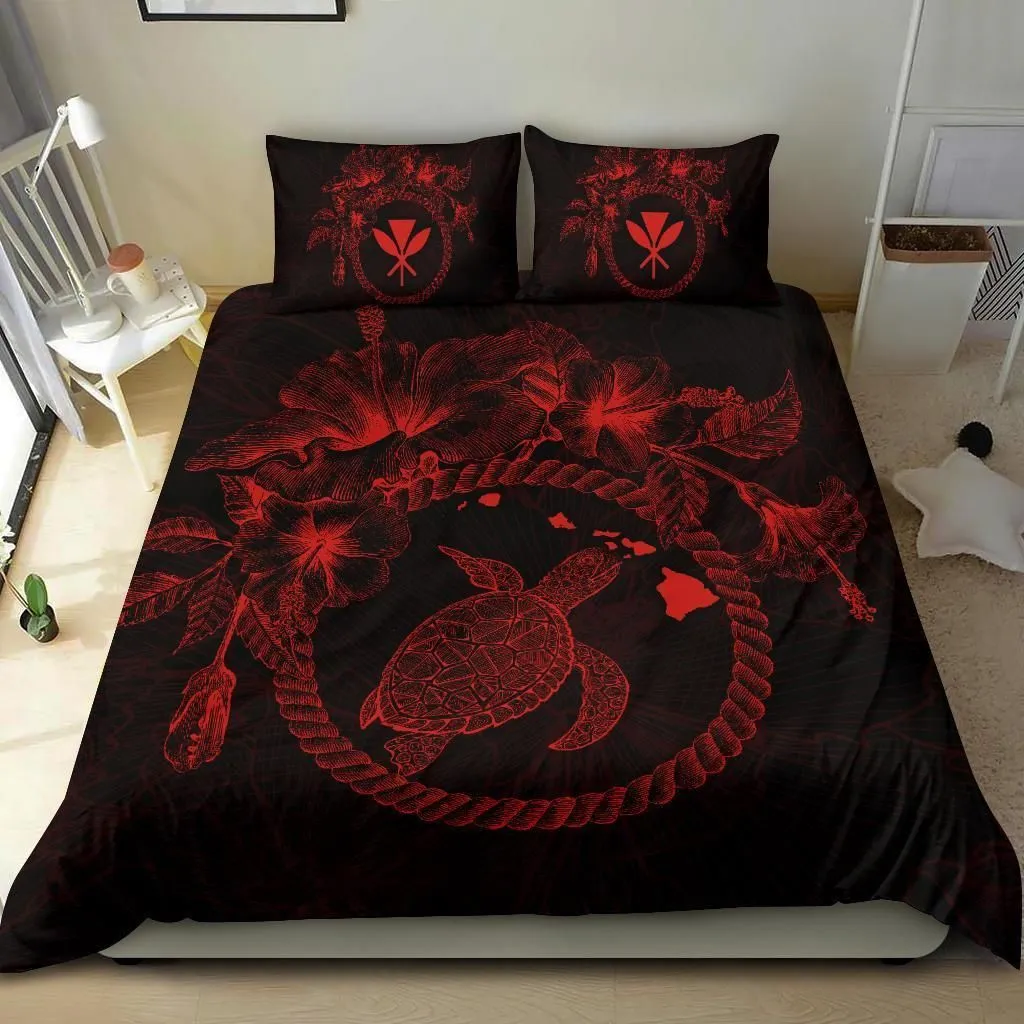 Polynesian Hawaii Bedding Set - Red Turtle Hibiscus Flower Frame Vintage