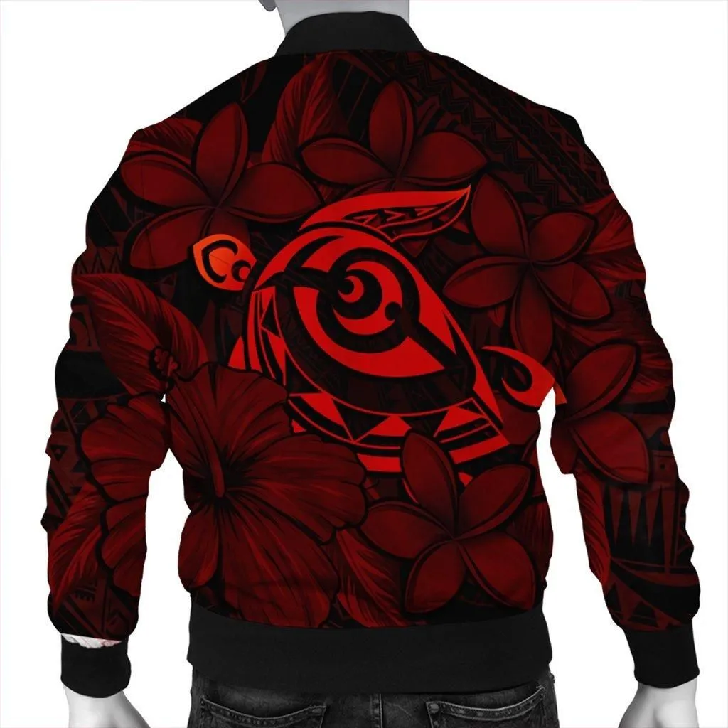 Hawaiian Turtle Hibiscus Plumeria Kanaka Polynesian Bomber Jacket Red - Soft Style - AH