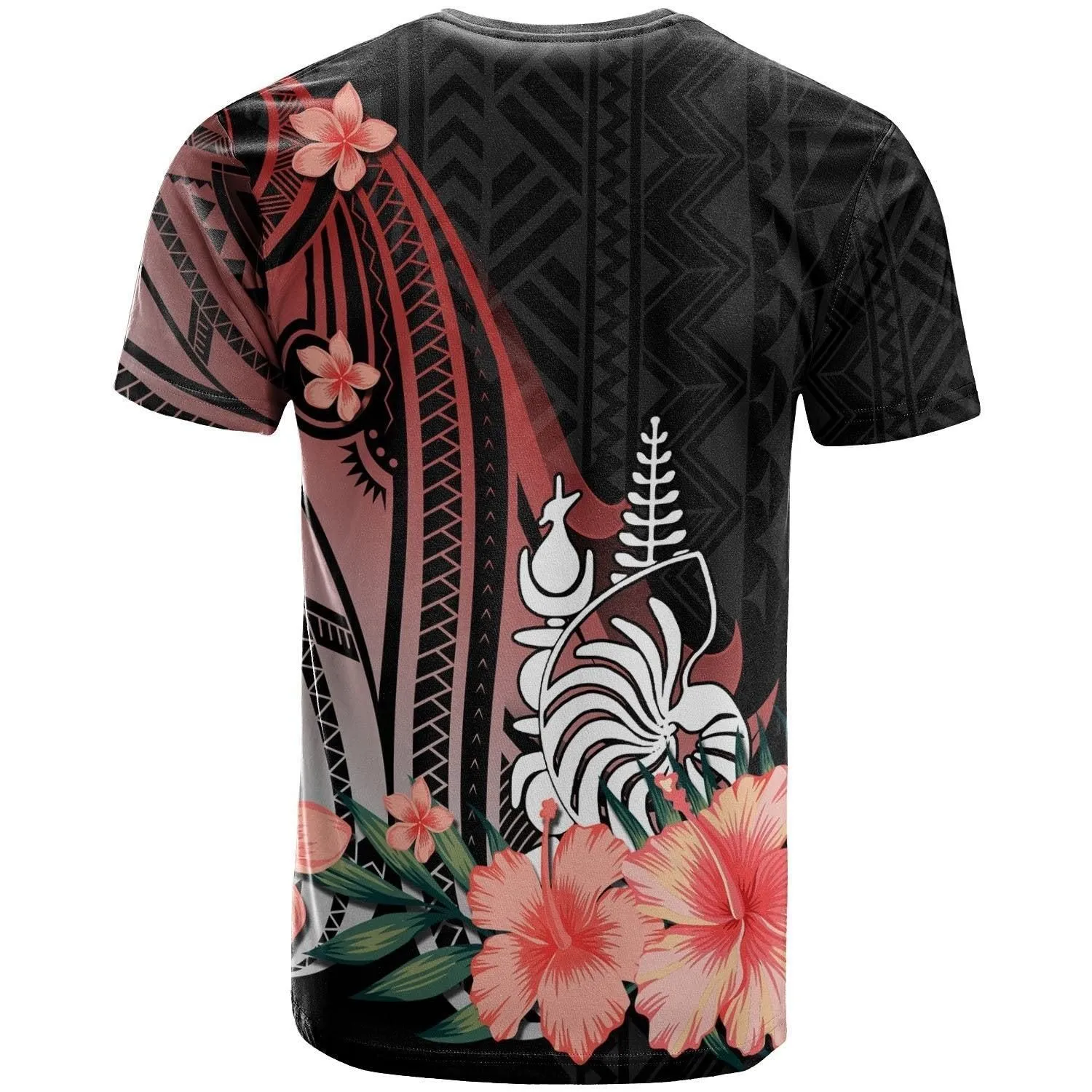 New Caledonia T shirt - Red Polynesian Hibiscus Pattern Style