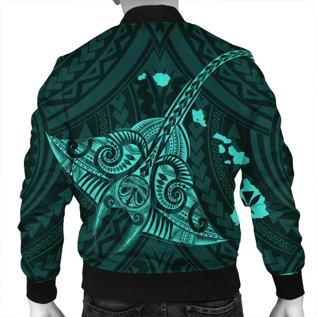 Alohawaii Jacket - Hawaiian Map Kanaka Manta Ray Polynesian Bomber Jacket Turquoise - AH - J4R