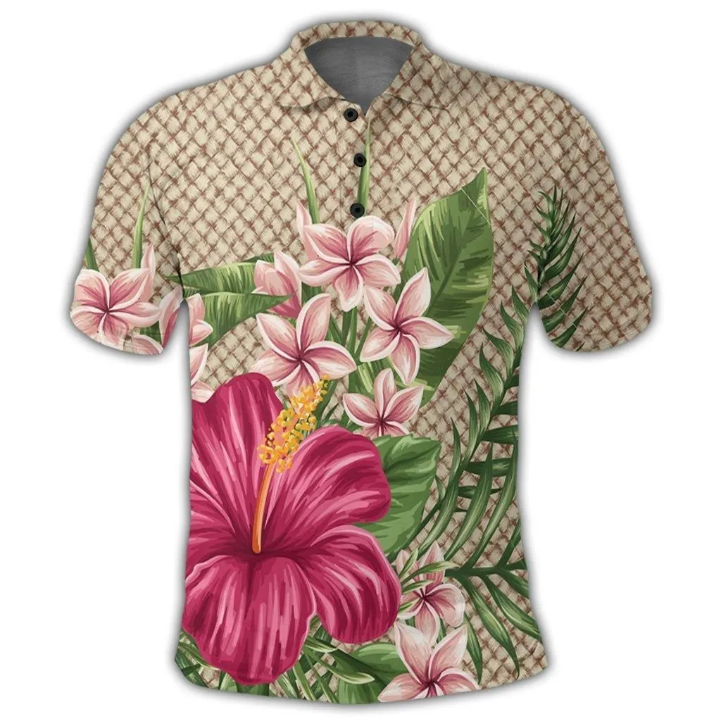 Hawaiian Hibiscus Plumeria Palm Leaves Lauhala Background Polynesian Polo Shirt