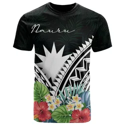 Nauru Polynesian T shirts - Nauru Coat of Arms and Polynesian Tropical Flowers White