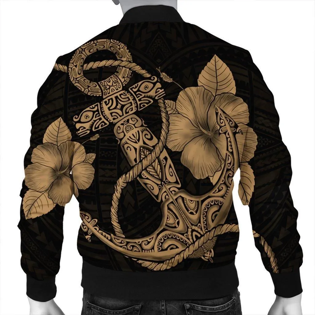 Hawaiian Anchor Poly Tribal Hibiscus Polynesian Bomber Jacket Gold
