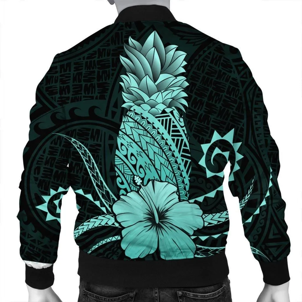 Hawaii Polynesian Pineapple Hibiscus Bomber Jacket - Turquoise