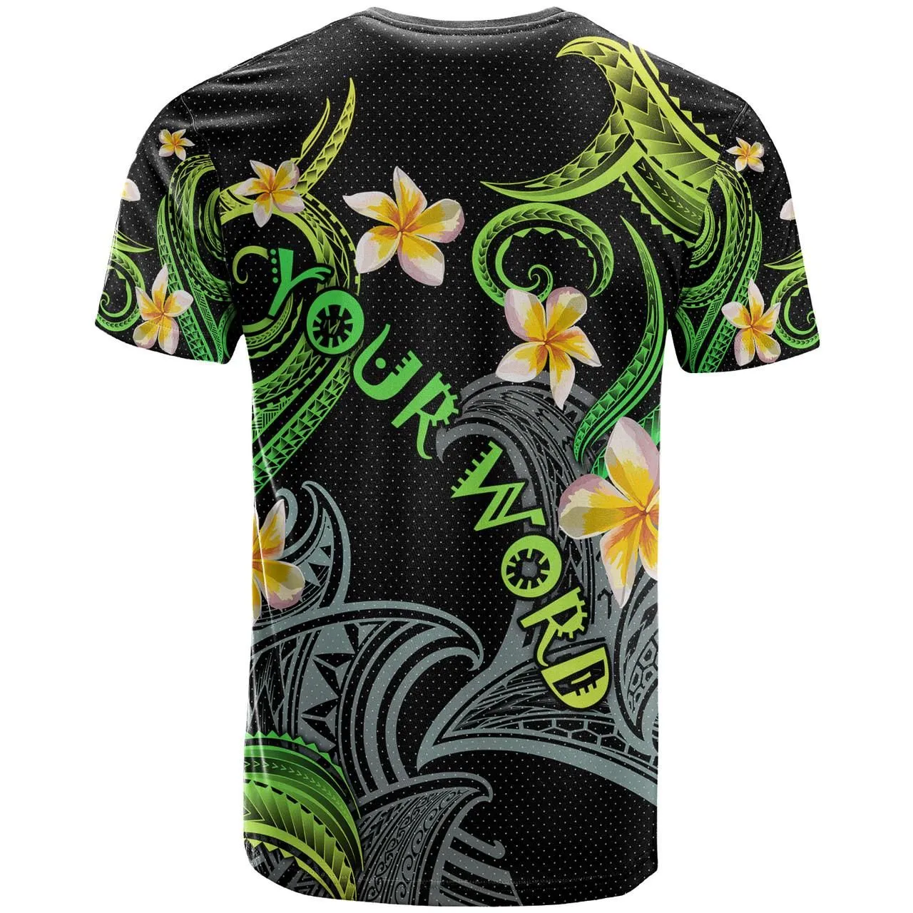 Personalized Kanaka Maoli T-shirt - Hawaii Polynesian Waves with Plumeria Flowers  (Green)