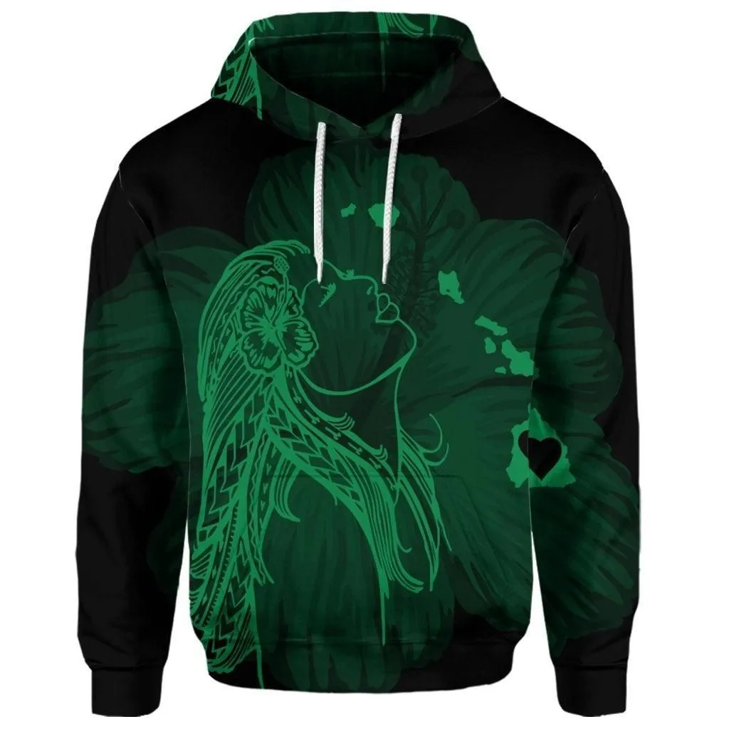 (Personalised) Hawaiian Map Heart Hula Girl Hibiscus Green Polynesian Hoodie