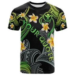 Personalized Kanaka Maoli T-shirt - Hawaii Polynesian Waves with Plumeria Flowers  (Green)