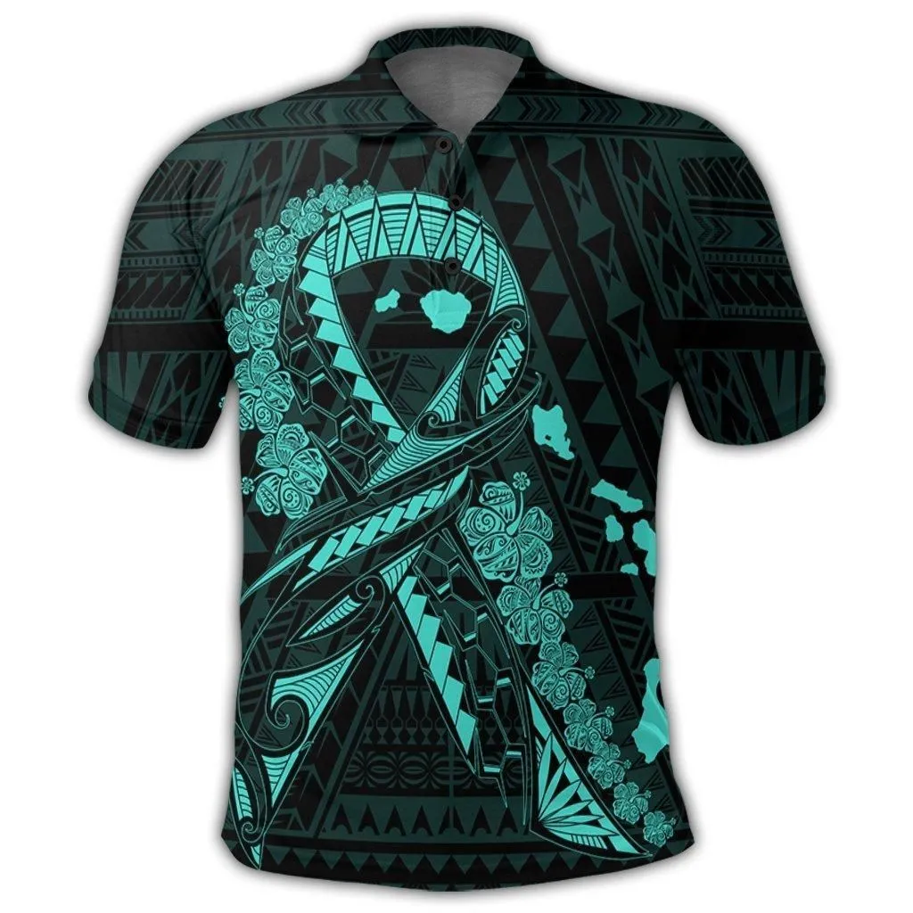 Hawaiian Map Heart Ribbon Cancer Hibiscus Turquoise Polynesian Polo Shirt
