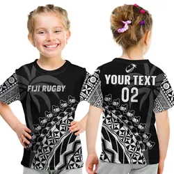 (Custom Text And Number) Fiji Rugby T Shirt KID Fijian Cibi Dance Tapa Pattern Black LT14