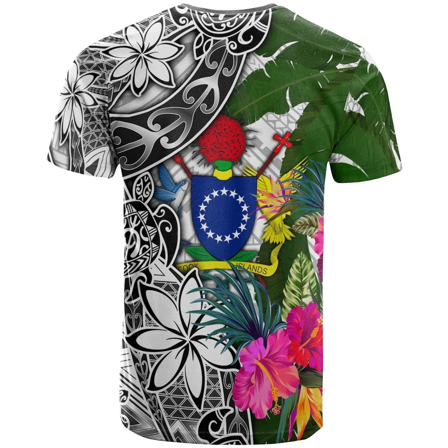 Cook Islands T-Shirt White - Turtle Plumeria Banana Leaf - BN11
