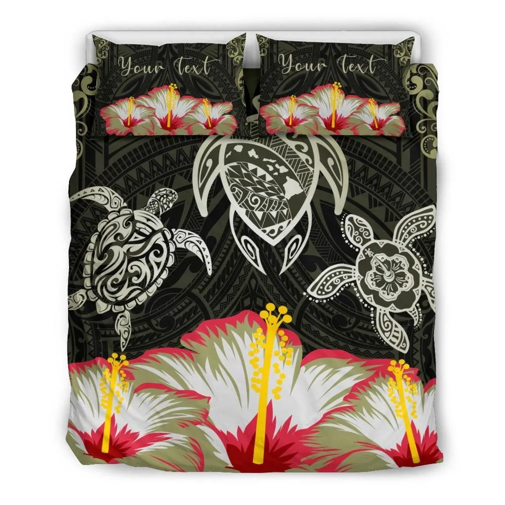 Hawaii Map Turtle Hibiscus Polynesian Luxury Personalized Bedding Set - Honu Ohana - Green - AH - J6