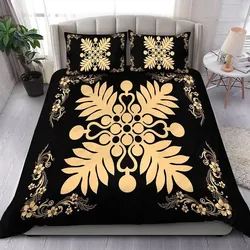 FamilyGater Home Set - Hawaiian Quilt Maui Plant And Hibiscus Pattern Bedding Set - Beige Black - AH J8