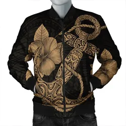 Hawaiian Anchor Poly Tribal Hibiscus Polynesian Bomber Jacket Gold