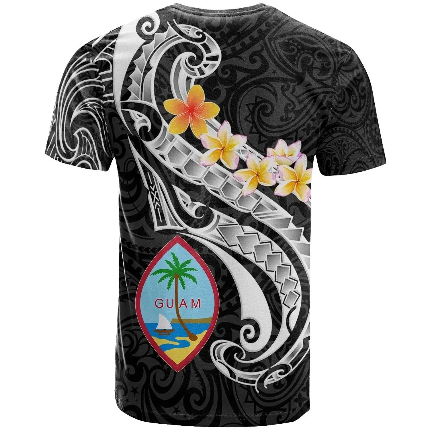 Guam Personalised T-Shirt - Guam Seal Polynesian Patterns Plumeria (Black) - BN25