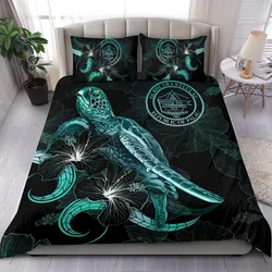 Palau Polynesian Bedding Set - Turtle With Blooming Hibiscus Turquoise