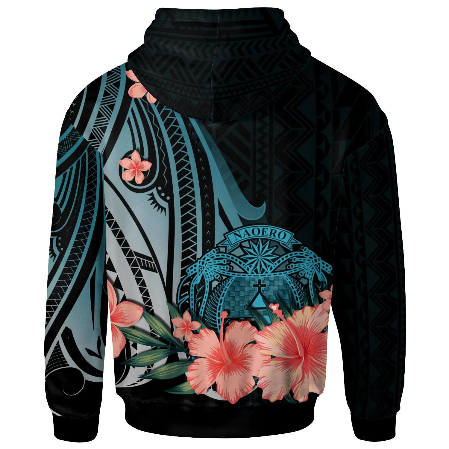 Nauru Hoodie - Turquoise Polynesian Hibiscus Pattern Style