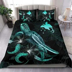 Papua New Guinea Polynesian Bedding Set - Turtle With Blooming Hibiscus Turquoise