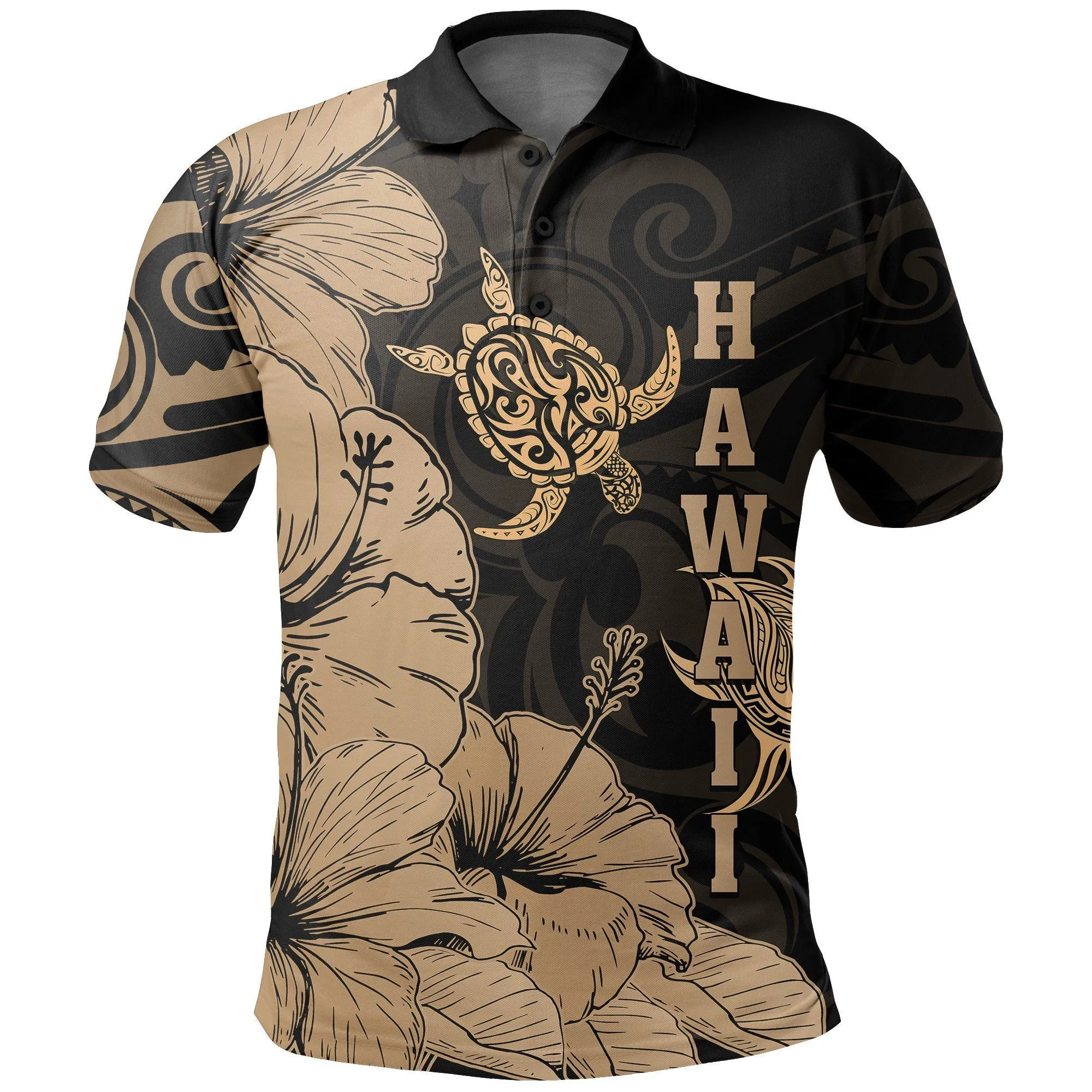 Hawaii Turtle Polo Shirt Polynesian Hibiscus Art Ver 2.0 Gold AH J1