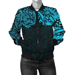 New Zealand Womens Bomber Jacket, Maori Polynesian Tattoo Blue