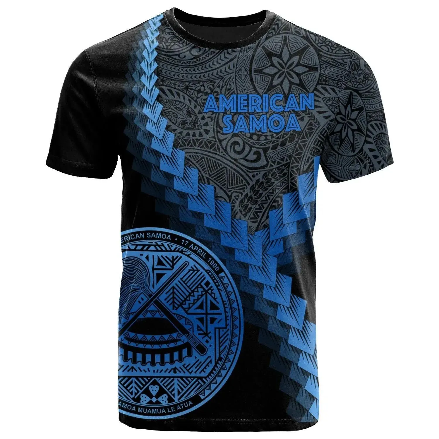 American Samoa T-Shirt - American Samoa Coat Of Arms With Polynesian Tattoo Blue - BN22