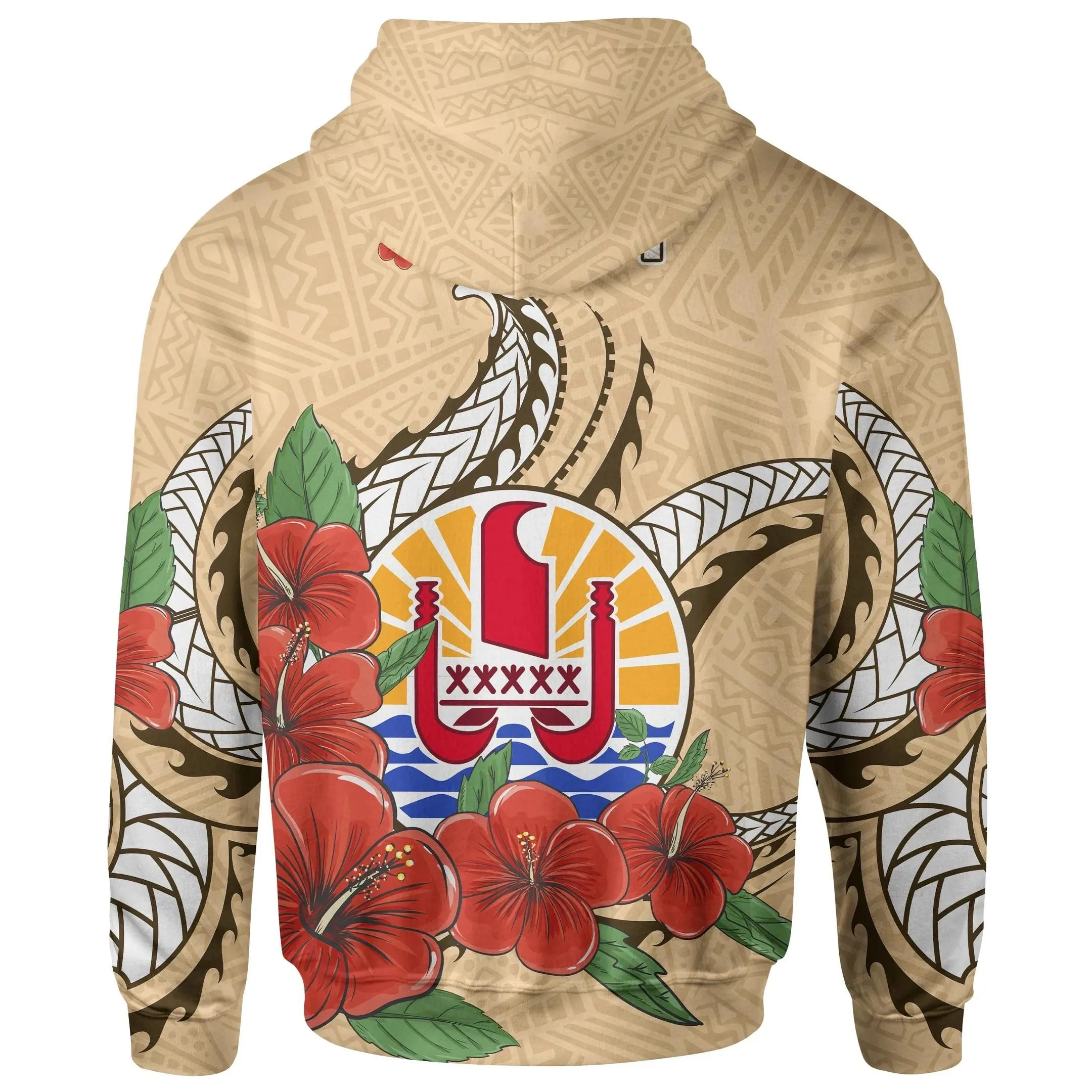 Alohawaii Clothing - Hoodie Tahiti Polynesian - Hibiscus Coat of Arm Beige - BN11