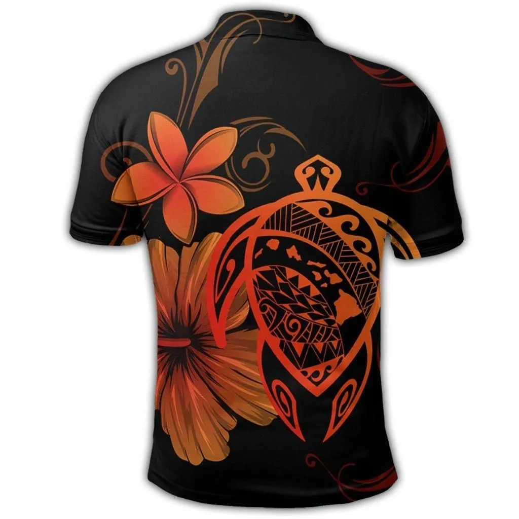 Hawaiian Map Turtle Hibiscus Plumeria Polynesian Polo Shirt - Orange