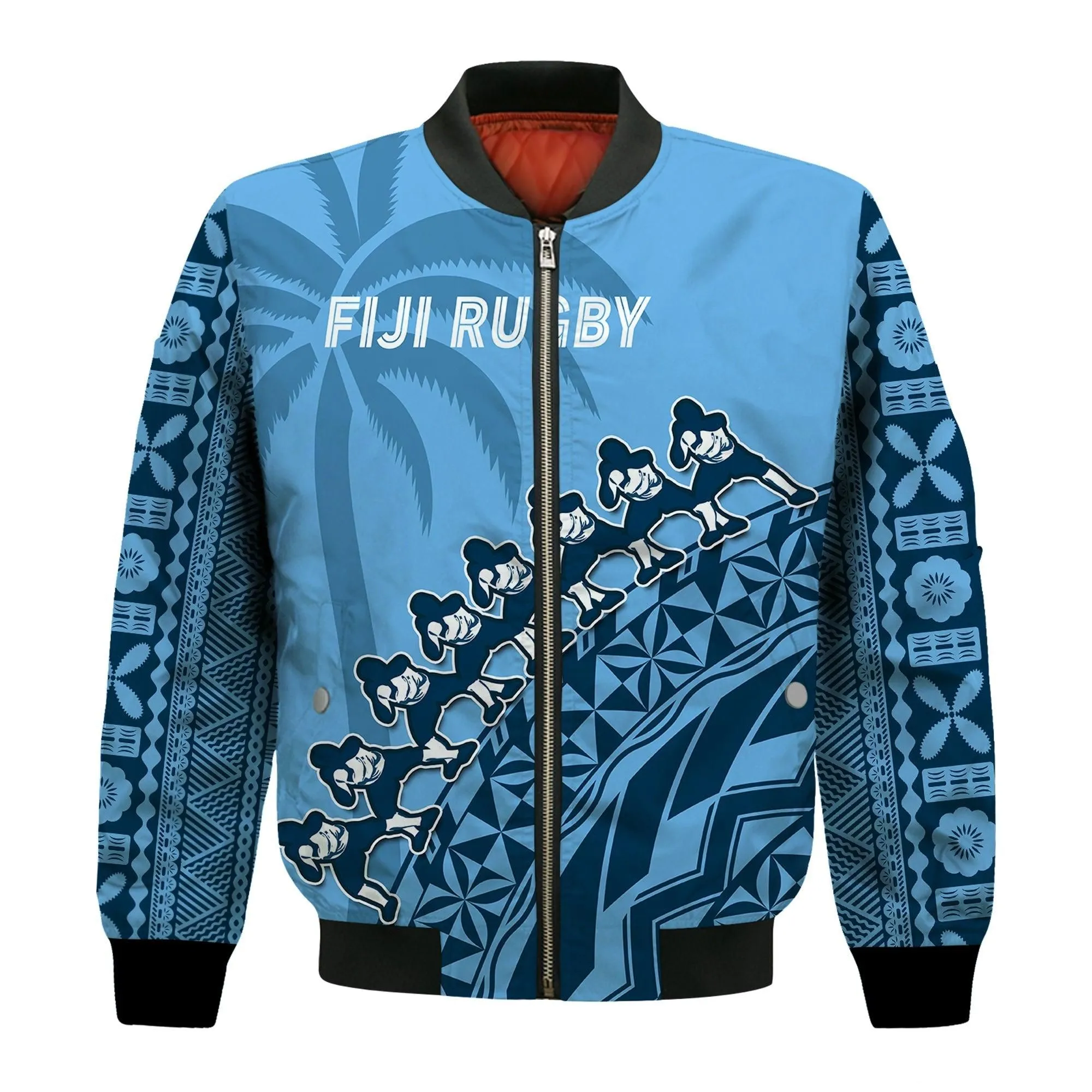 (Custom Text And Number) Fiji Tapa Rugby Bomber Jacket Fijian Cibi Dance Tapa Pattern Blue LT14