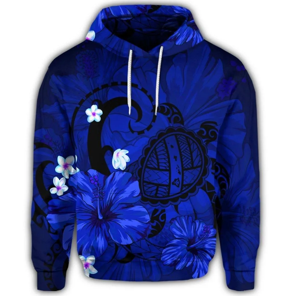 Hawaiian Map Big Turtle Hibiscus Plumeria Tribal Polynesian Hoodie - Blue