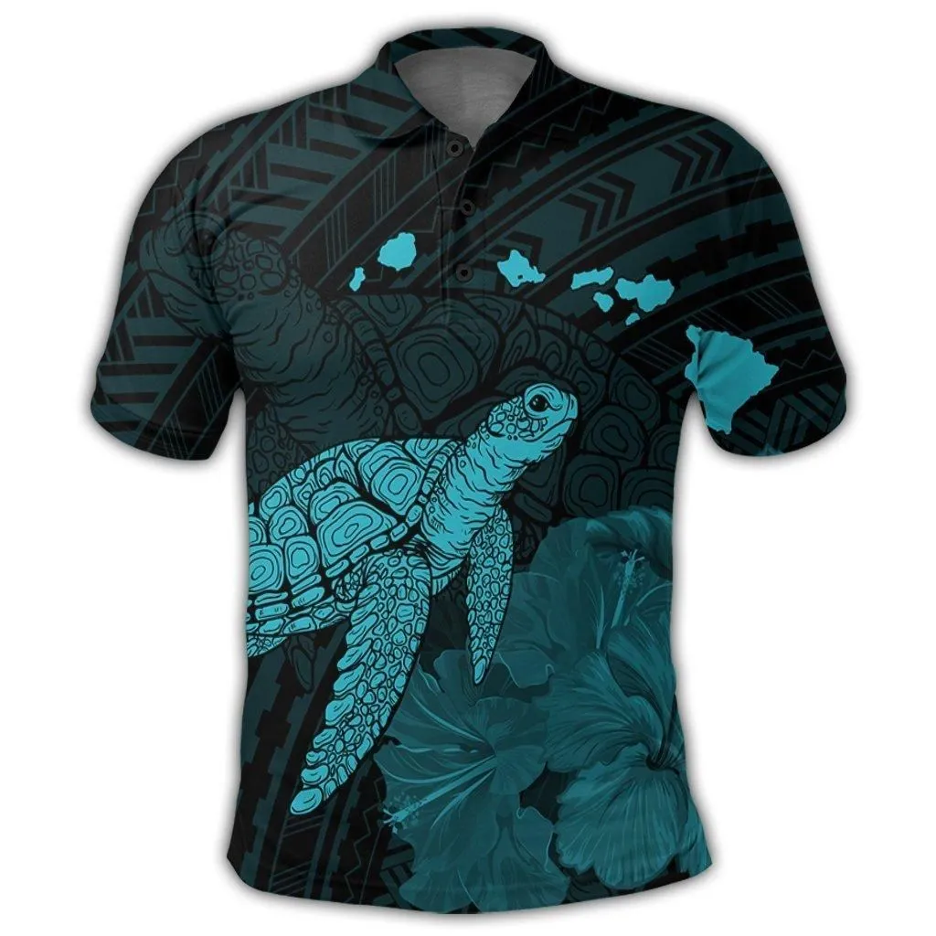Hawaii Polynesian Hibiscus Turtle Map Polo Shirt Blue