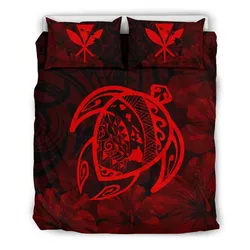 FamilyGater Home Set - Hawaiian Map Turtle Kanaka Hibiscus Polynesian Bedding Set - Red - AH J4