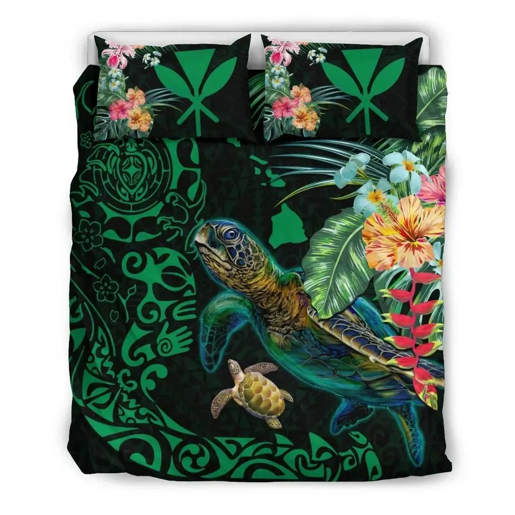 Alohawaii Bedding Set - Cover and Pillow Cases Hawaii Tiki Polynesian - Turtle Mix Hibiscus Green K4