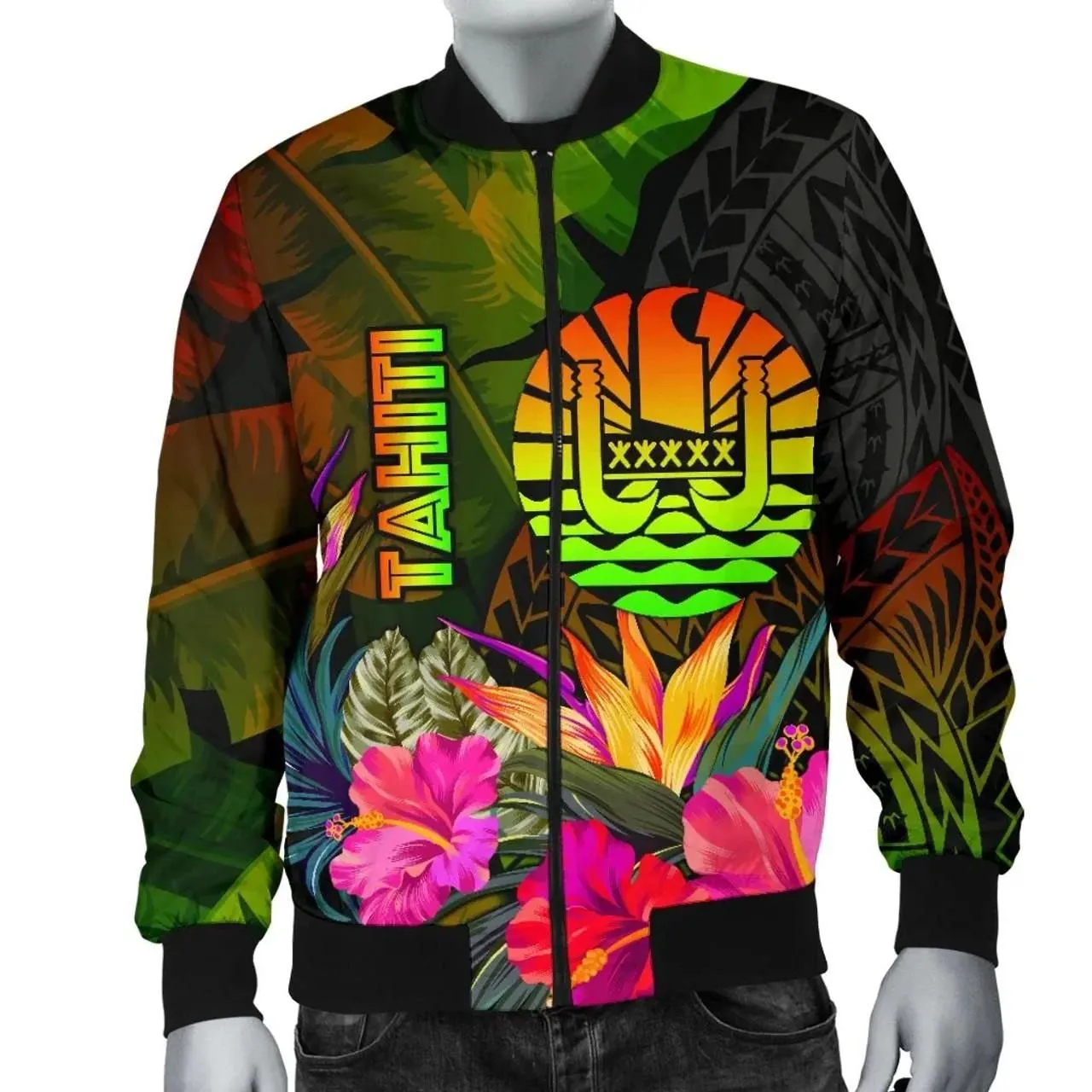 Tahiti Polynesian Bomber Jacket - Hibiscus and Banana Leaves