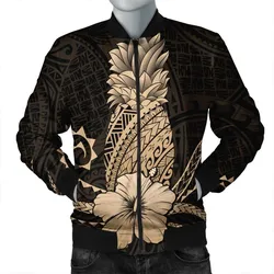 Hawaii Polynesian Pineapple Hibiscus Bomber Jacket - Gold - AH