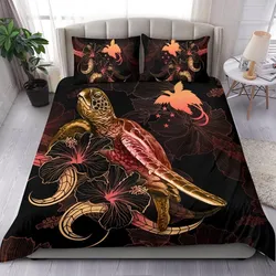 Papua New Guinea Polynesian Bedding Set - Turtle With Blooming Hibiscus Gold