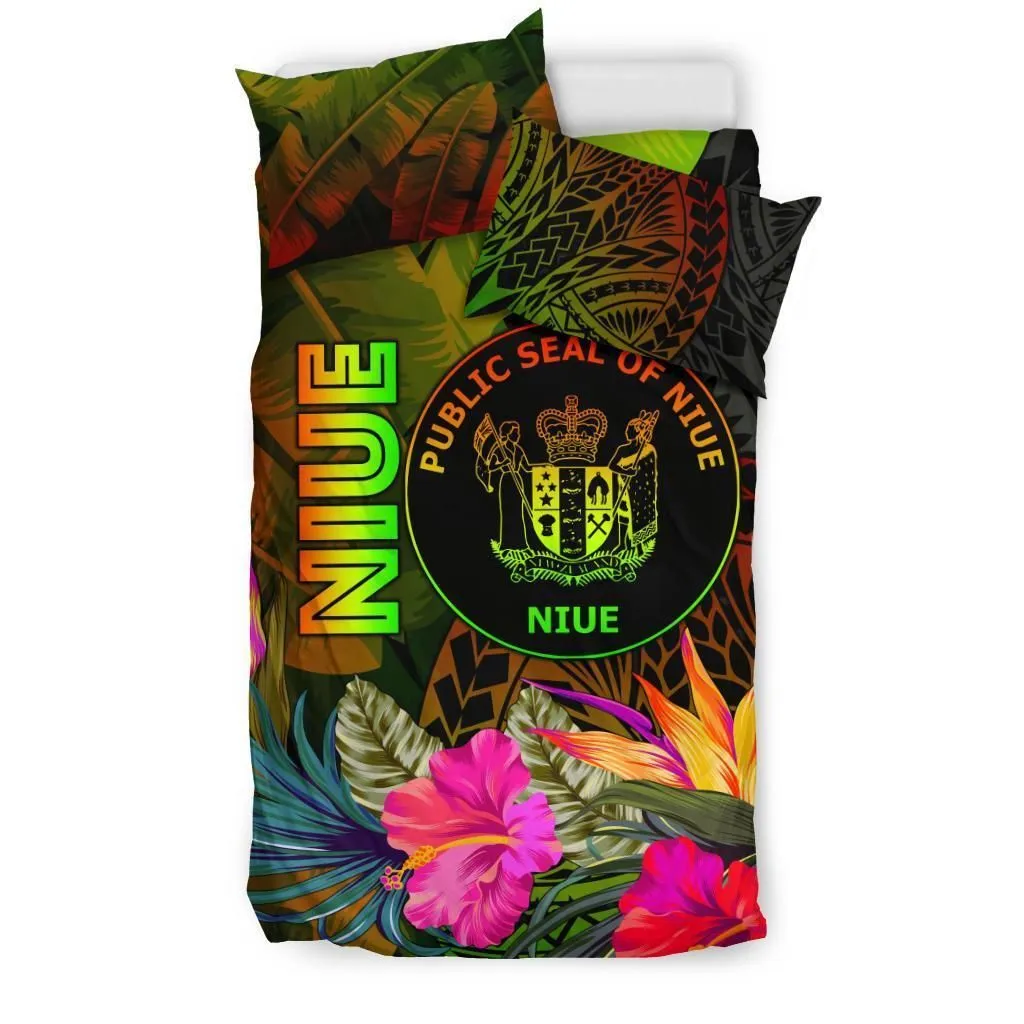 Niue Polynesian Bedding Set - Hibiscus and Banana Leaves