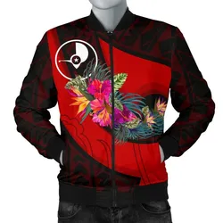 Yap Mens Bomber Jacket - Polynesian Hook and Hibiscus Red