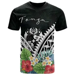 Tonga Polynesian T shirts - Tonga Coat of Arms and Polynesian Tropical Flowers White