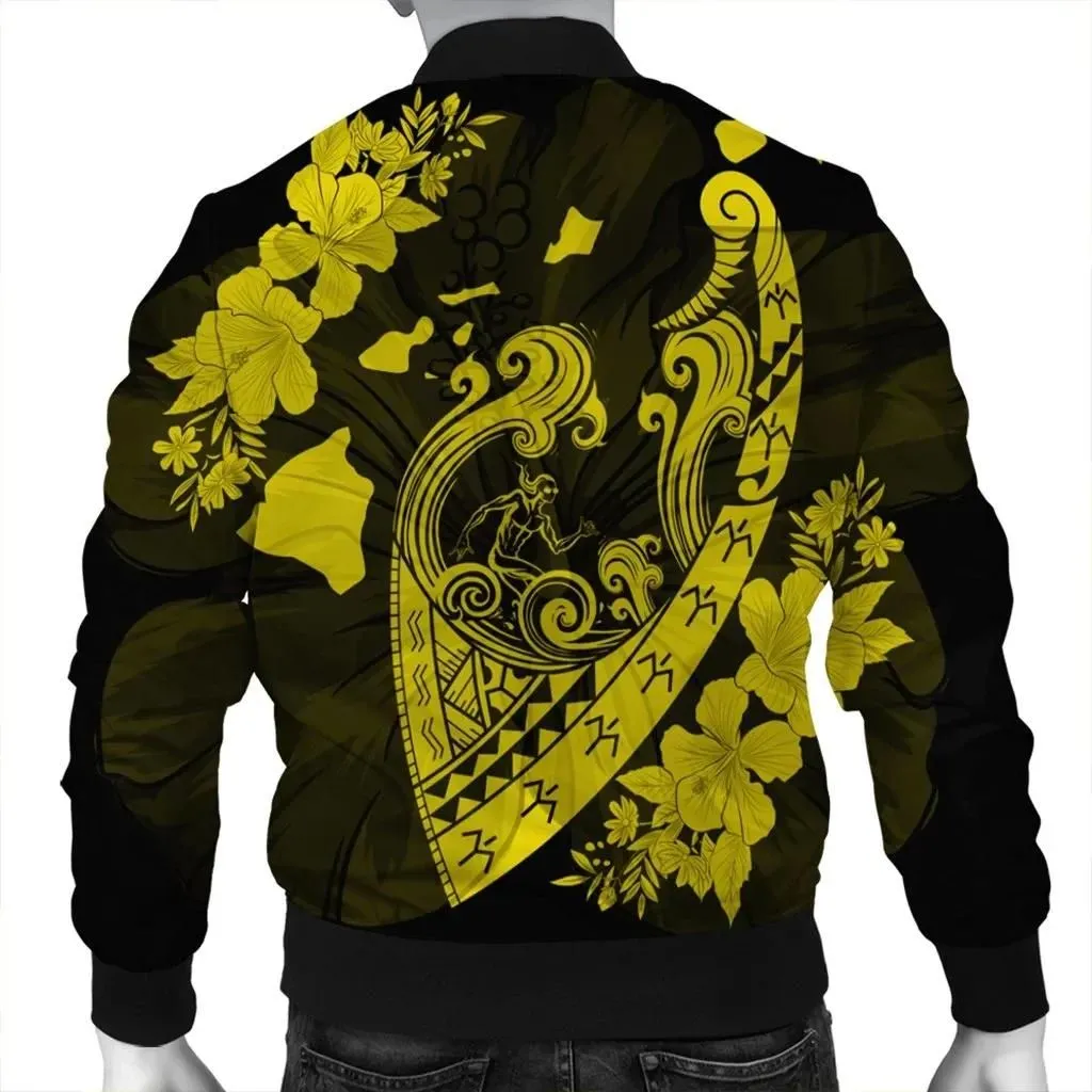 FamilyGater Jacket - Hawaiian Fish Hook Hibiscus Banzai Surfing Polynesian Bomber Jacket Yellow - AH - J5R