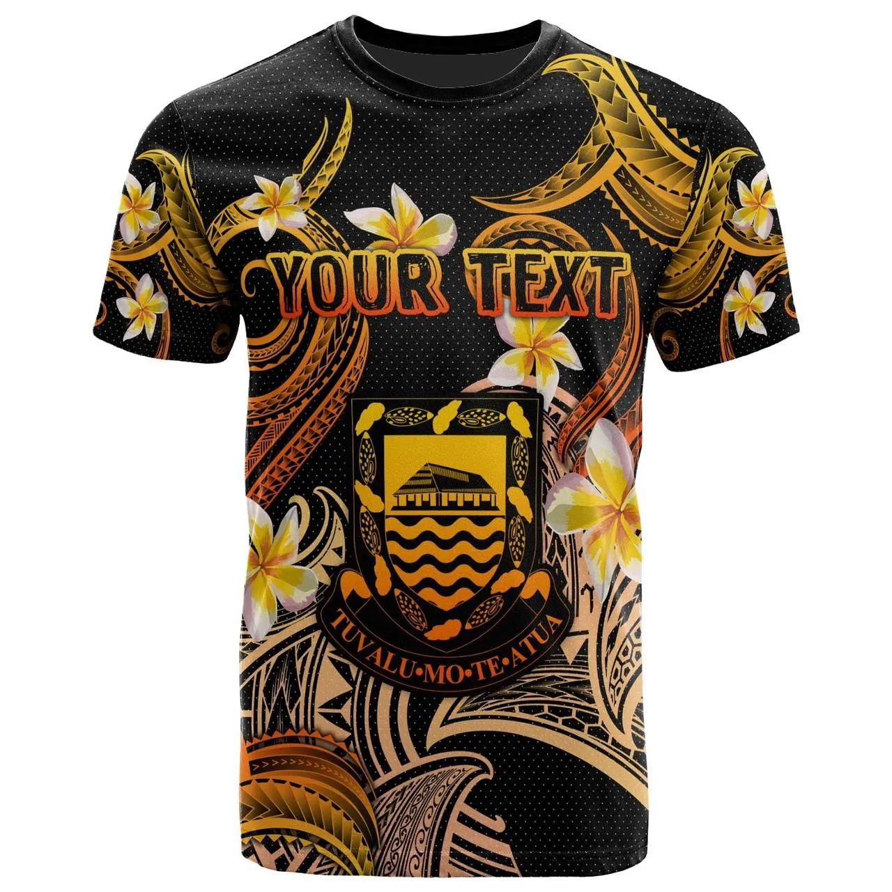 Tuvalu T-shirt - Custom Personalised Polynesian Waves with Plumeria Flowers (Orange)