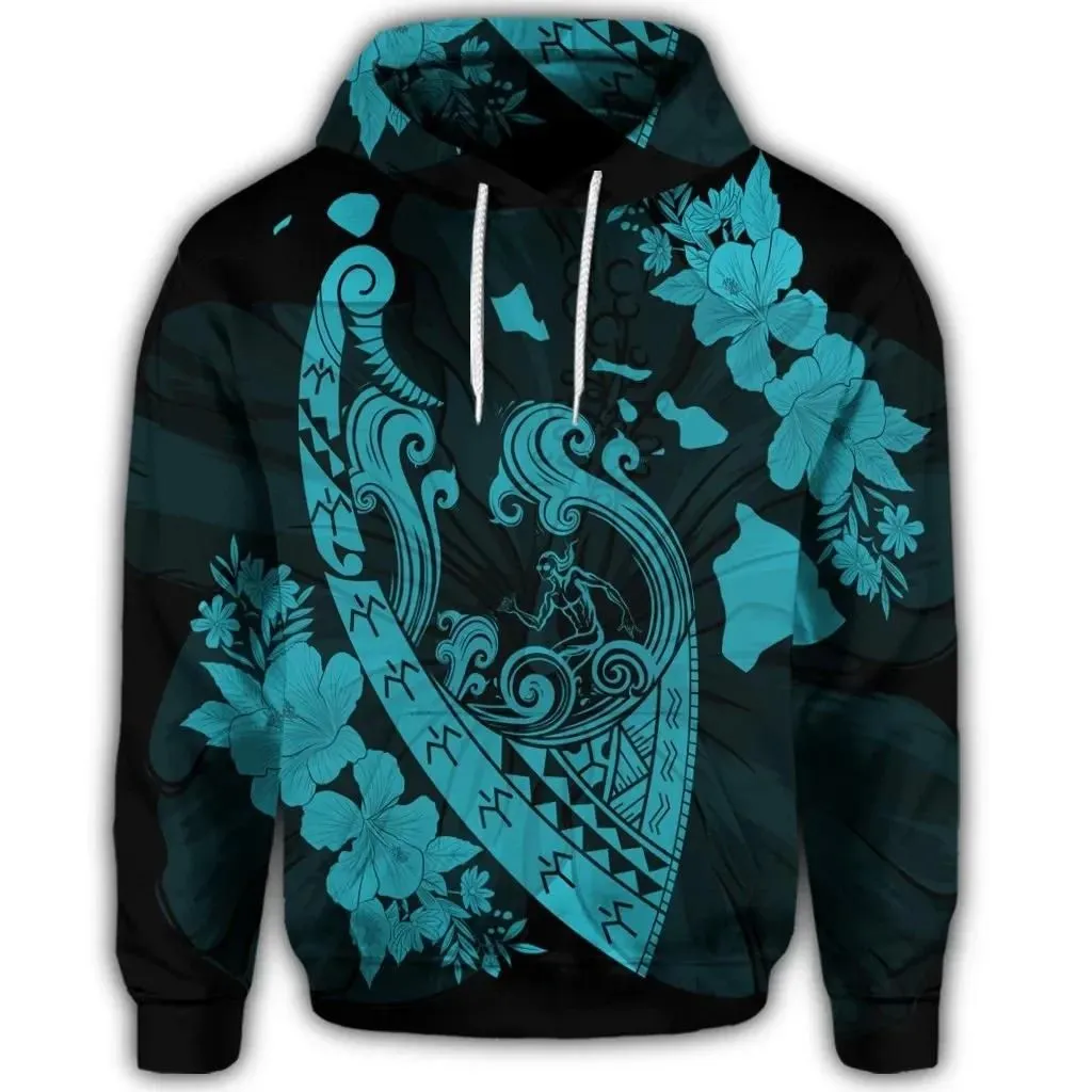 Alohawaii Hoodie - Hawaiian Fish Hook Hibiscus Banzai Surfing Polynesian Hoodie Blue - AH - J5R
