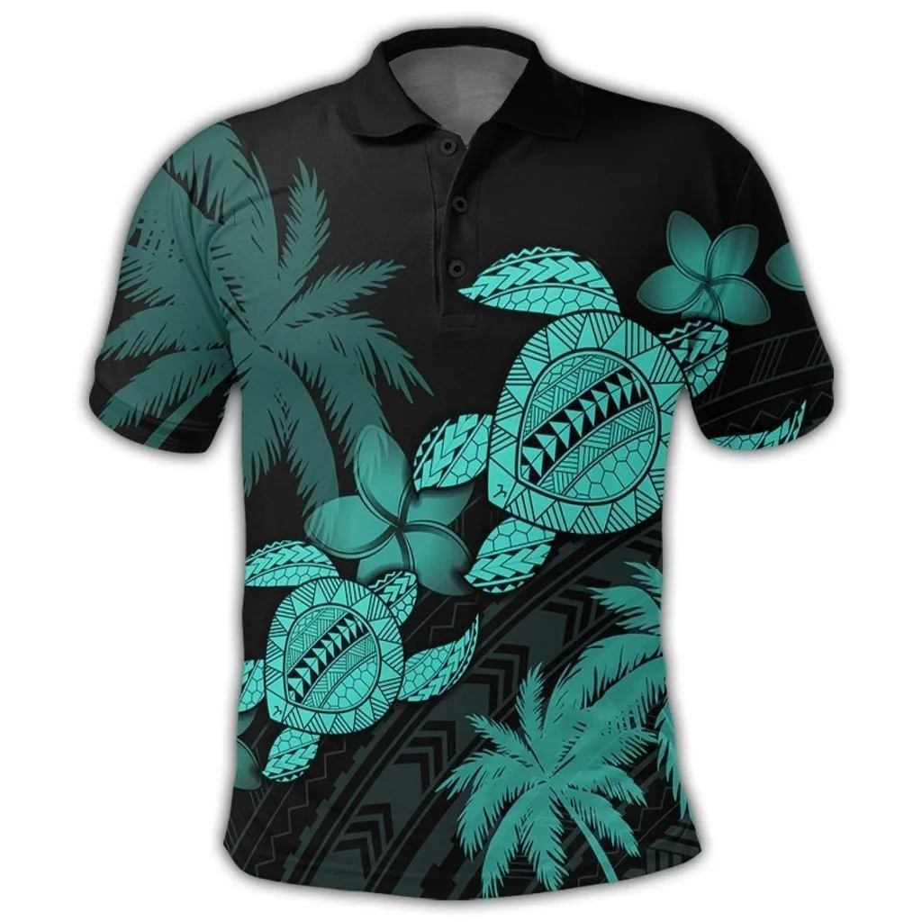 Hawaii Turtle Plumeria Coconut Tree Polynesian Polo Shirt - Turquoise
